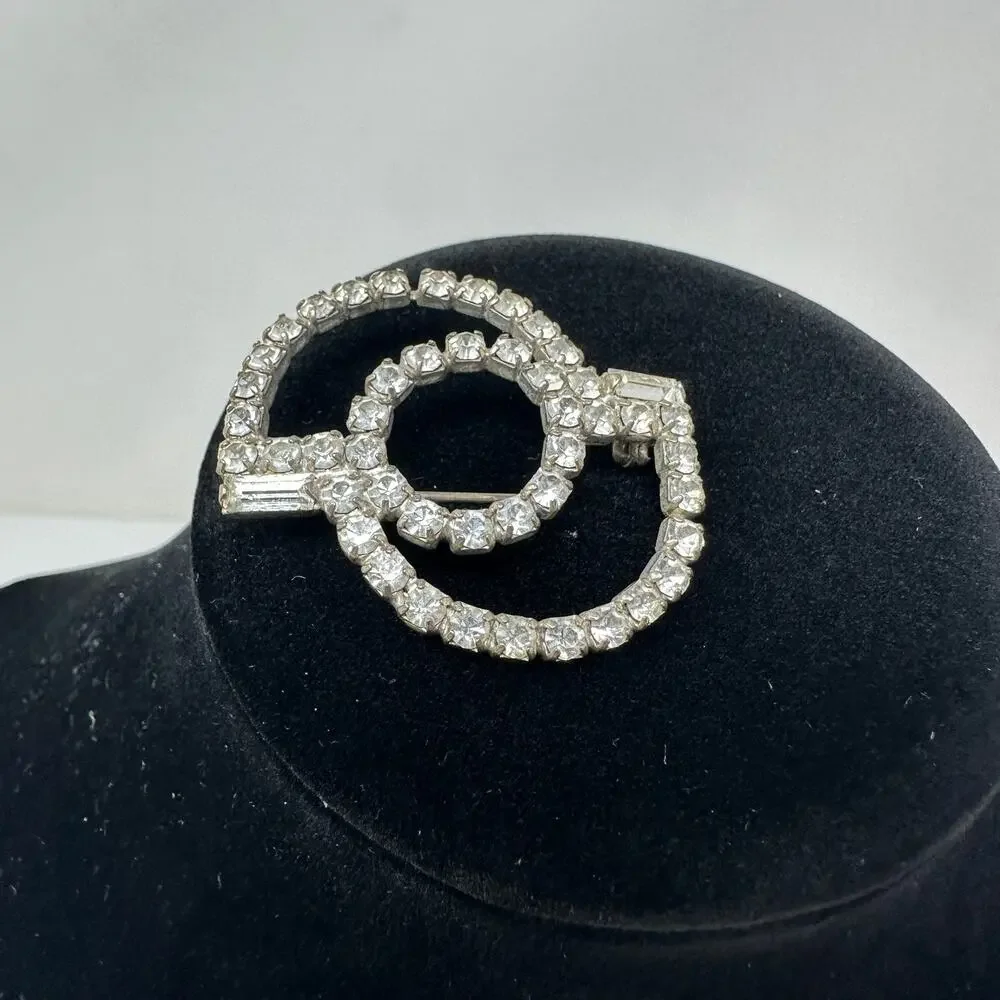 Vintage Rhinestone Encrusted Silvertone Pin Brooch Semi Circles
